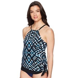 NEW COASTAL BLUE Blue Black Asymmetrical Tie Dye Geometric Tankini Top Small